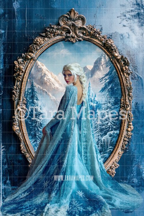 Frozen Castle in Oval Victorian Frame Digital Background -  Frame on Wall Digital Backdrop