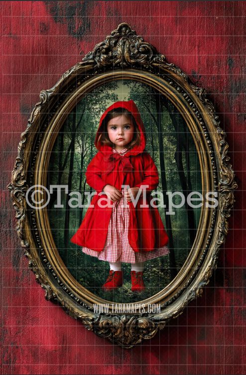 Red Riding Hood Scene in Oval Victorian Frame Digital Background -  Frame on Wall Digital Backdrop