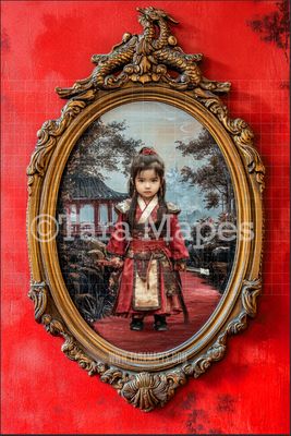Chinese Princess Scene in Oval Victorian Frame Digital Background -  Frame on Wall Digital Backdrop