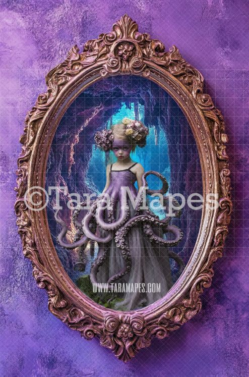 Octopus Villain Sea Cave Scene in Oval Victorian Frame Digital Background -  Frame on Wall Digital Backdrop