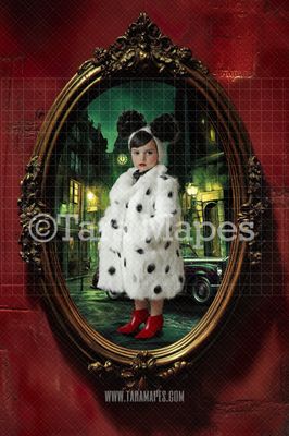 Evil Dalmatian Thief London Scene in Oval Victorian Frame Digital Background -  Frame on Wall Digital Backdrop