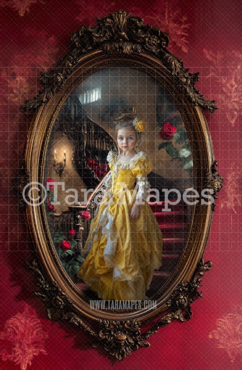 Beauty and Beast Stair Case in Oval Victorian Frame Digital Background -  Frame on Wall Digital Backdrop
