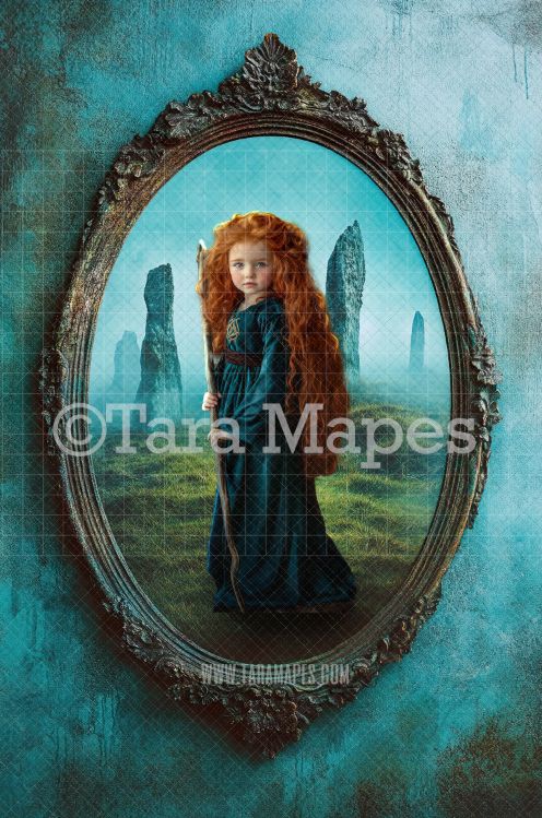 Scottish Fairytale Scene with Calanais Stones in Oval Victorian Frame Digital Background -  Frame on Wall Digital Backdrop