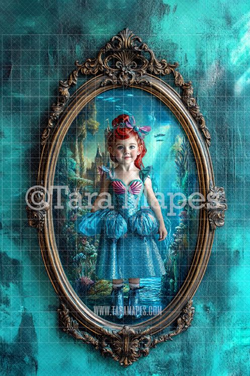 Mermaid Castle Scene in Oval Victorian Frame Digital Background -  Frame on Wall Digital Backdrop