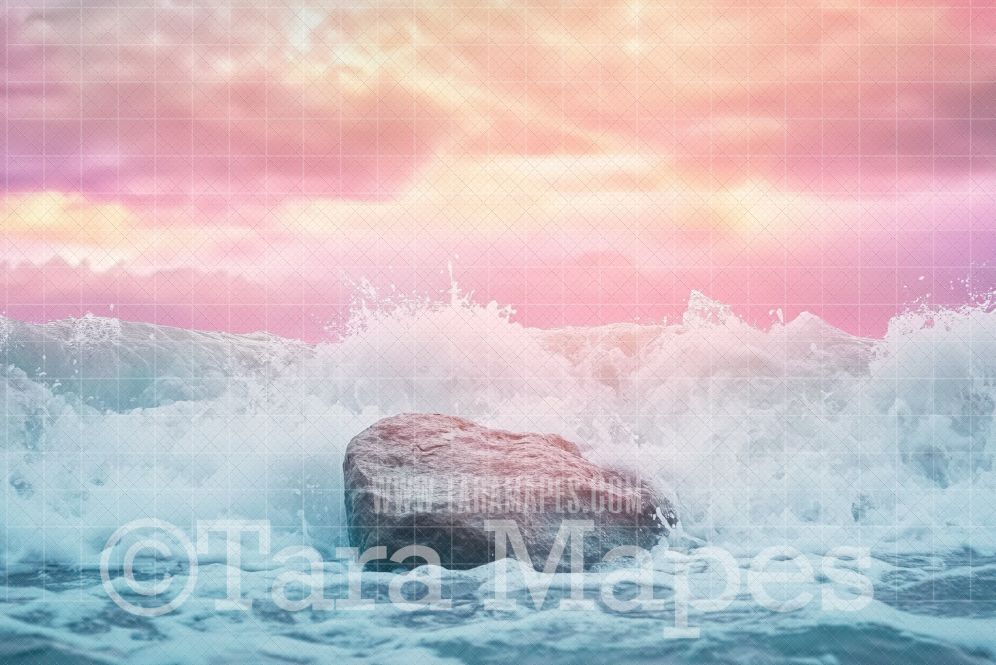 Rock in Ocean Digital Background - Pastel Mermaid Rock Digital  Backdrop