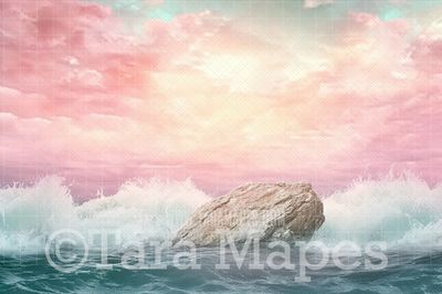 Rock in Ocean Digital Background - Pastel Mermaid Rock Digital  Backdrop