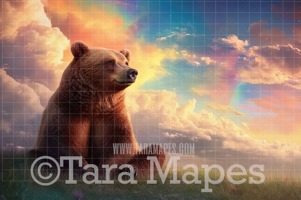 Baby Bear on Hill Digital Background - Brown Bear Digital  Backdrop