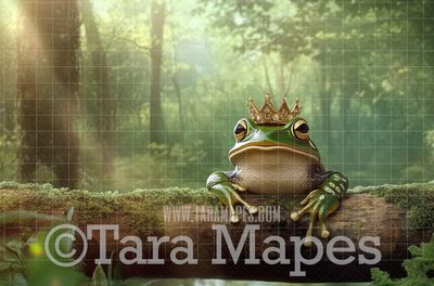 Frog Prince Digital Background - Frog with Crown on Log Digital  Backdrop