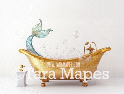 Mermaid Tail in Gold Bath Tub Digital Background - Enchanted Mermaid Rock Digital  Backdrop