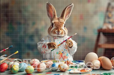 Easter Bunny Digital Background - Easter Bunny Painting Eggs Digital  Backdrop