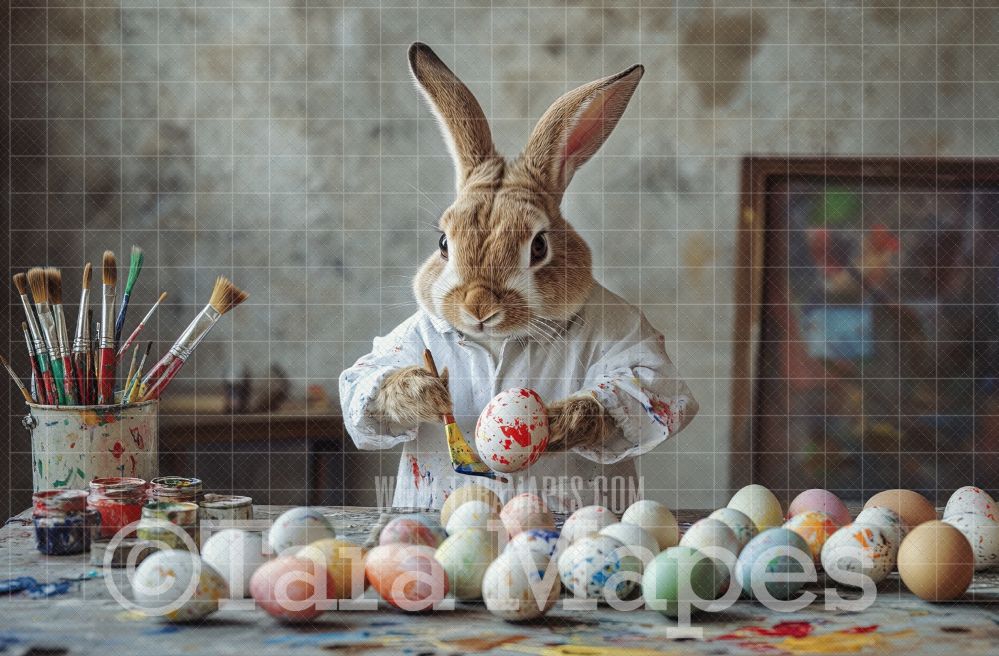 Easter Bunny Digital Background - Easter Bunny Painting Eggs Digital  Backdrop