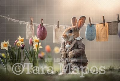 Easter Bunny Digital Background - Easter Bunny with Clothes Line Digital  Backdrop