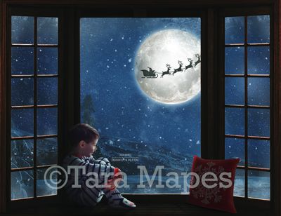 Christmas Window Santa in Moon Digital Background Christmas Window Santa in Moon Digital Background