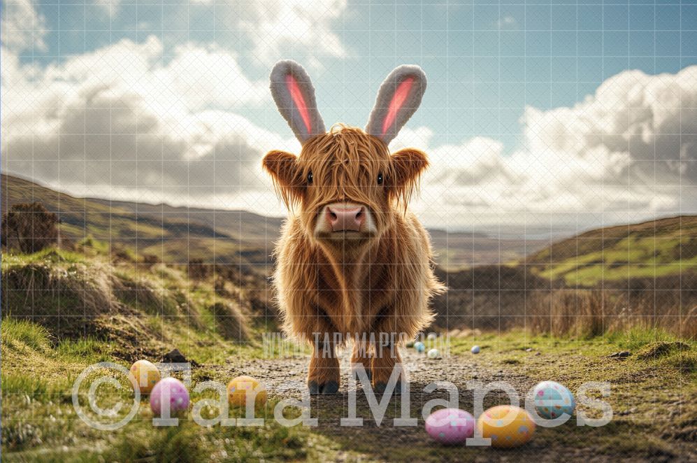 Highland Cow with Bunny Ears Digital Background - Easter Digital  Backdrop