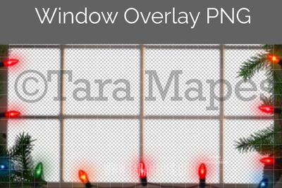 Christmas Window Overlay - WIndow overlay with pines and christmas lights - Window Pane PNG - Winter Christmas Window Digital Background Backdrop