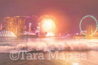 Ferris Wheel on Beach Digital Backdrop - Fireworks and Carnival Rides Beach Digital Backdrop JPG file - Fourth of July Celebration Backdrop