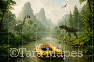 Yellow Raft on Jurassic River Digital Background - T-Rex Dinosaur Digital  Backdrop