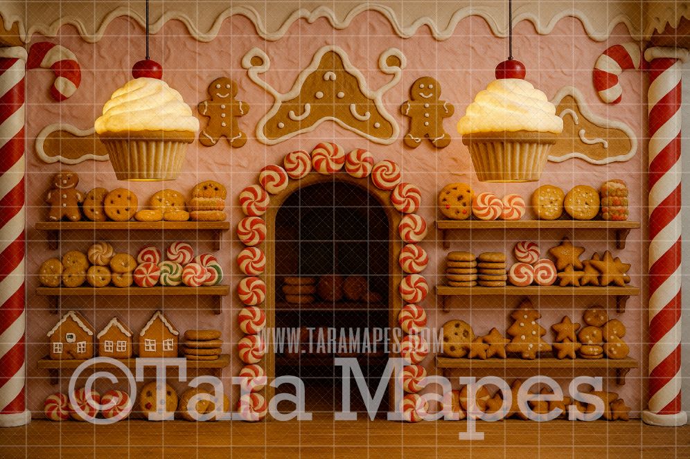Christmas Gingerbread Shop Digital Backdrop  - Holiday Candy Shop Digital Background
