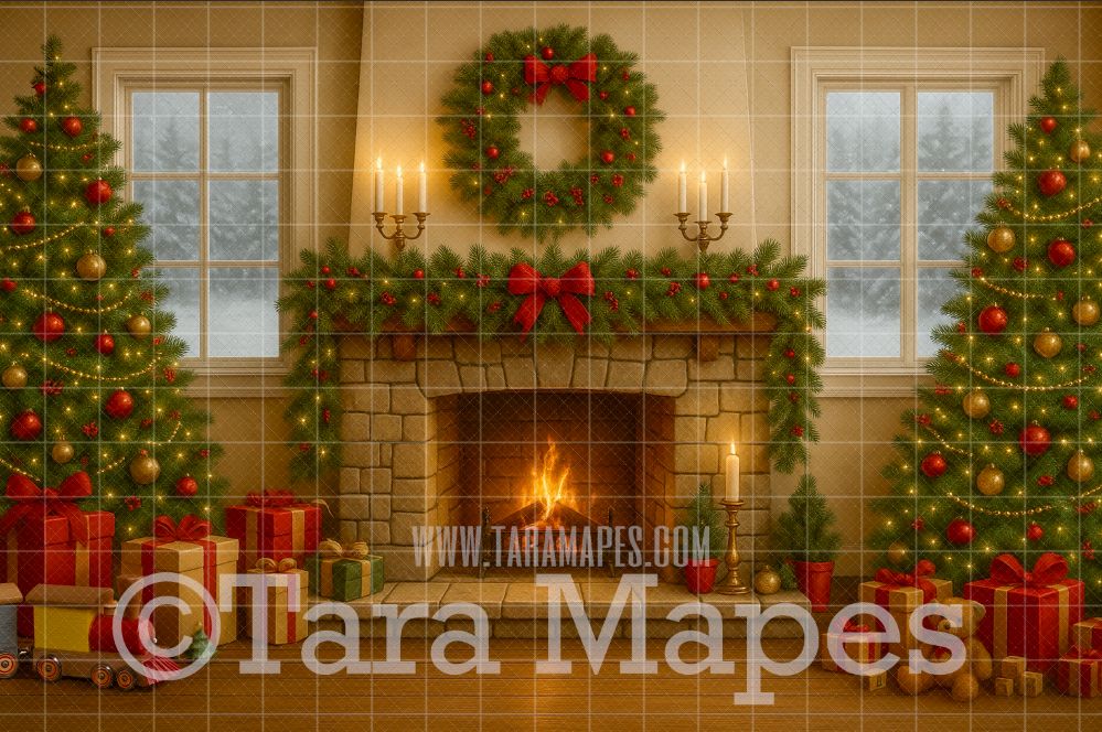 Christmas Fireplace Digital Backdrop  - Holiday Digital Background