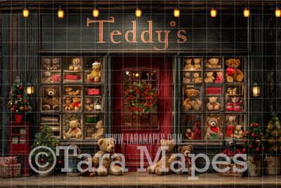 Teddy&#39;s Christmas Toy Shop Digital Backdrop  - Holiday Shop Digital Background