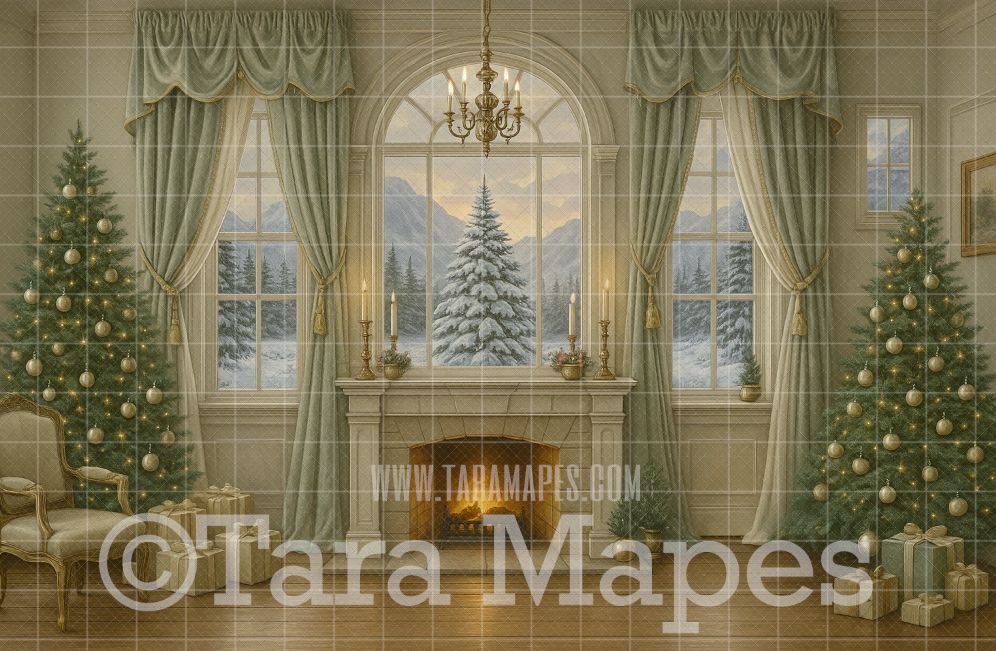 Christmas Fireplace Digital Backdrop  - Holiday Digital Background