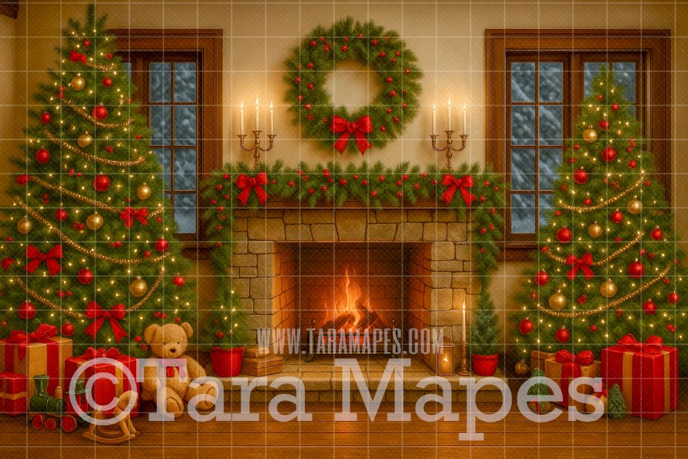 Christmas Fireplace Digital Backdrop  - Holiday Digital Background