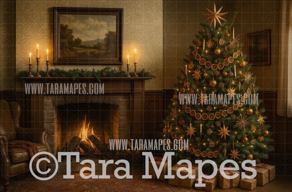 Vintage Christmas Orange Tree by Fireplace Digital Background