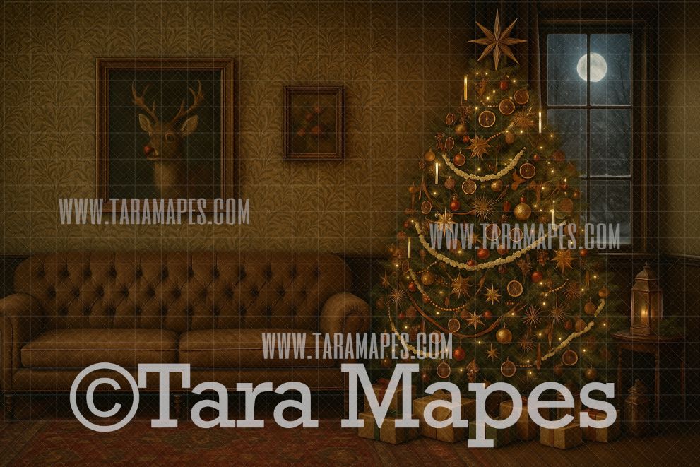 Vintage Christmas Orange Tree at Night Digital Background