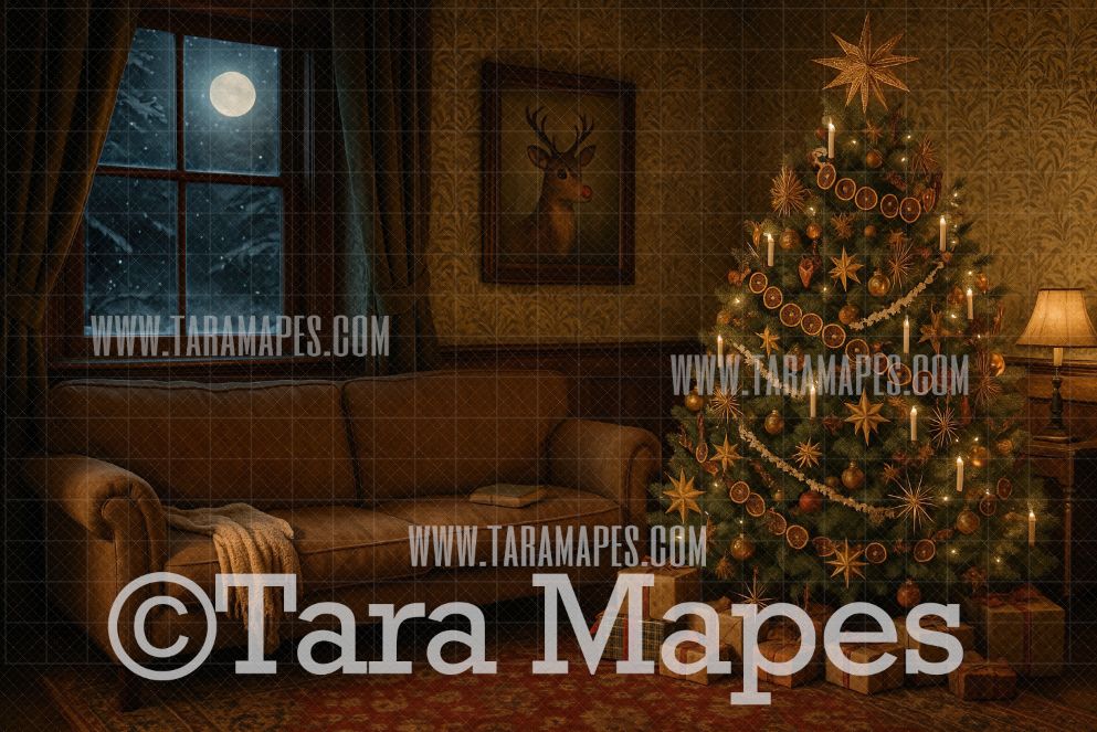 Vintage Christmas Orange Tree by Couch  Digital Background