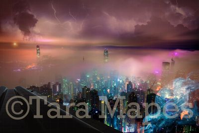 Superhero Over City Digital Background Backdrop