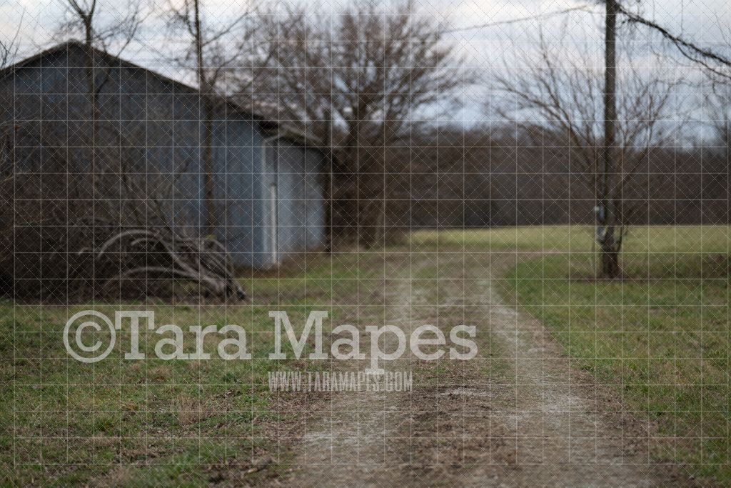 Old Barn by Road Digital Backdrop - Abandoned Dirt Road Digital Background