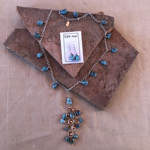 Natural Turquoise, Copper & Pewter Necklace & Earring set