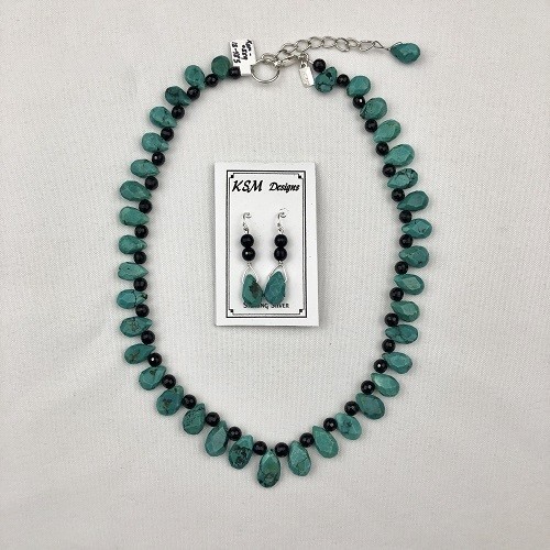 Turquoise, Onyx & Pewter Necklace & Earring Set