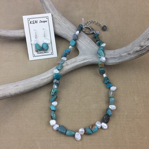 Turquoise & Freshwater Pearl Necklace & Earring Set