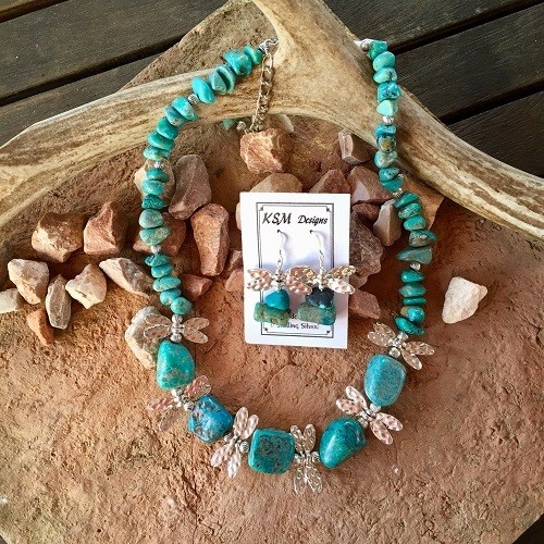 Natural Turquoise & Pewter Necklace & Earring Set