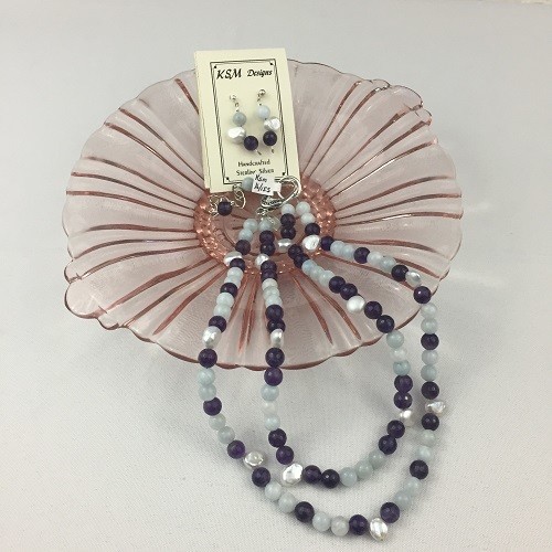 Amethyst, Aquamarine & Freshwater Pearl Necklace & Earring set