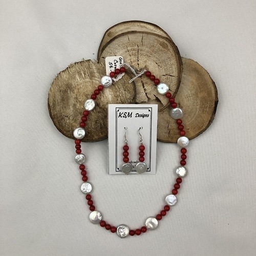 Coral & Coin Pearl Necklace & Earring Set