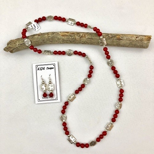 Coral & Pewter Necklace & Earring Set