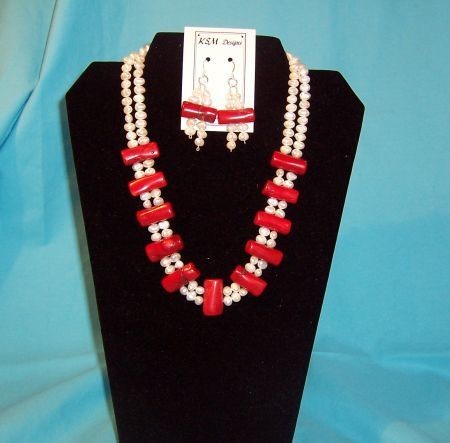 Coral & Freshwater Pearl Necklace & Earring Set SOLD