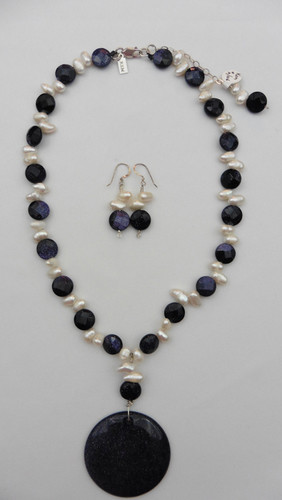 Blue Gold Stone & Freshwater Pearl Necklace & Earring Set