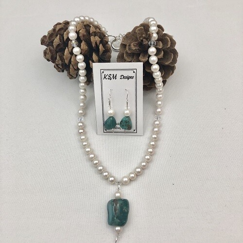 Freshwater Pearls & Turquoise Necklace & Earring Set