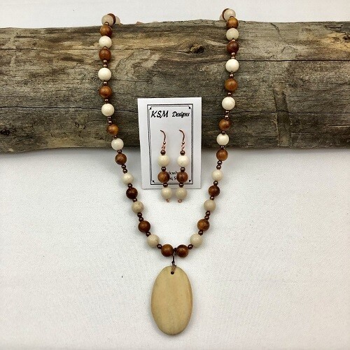 Fossil, Wood & Hematite Necklace & Earring Set