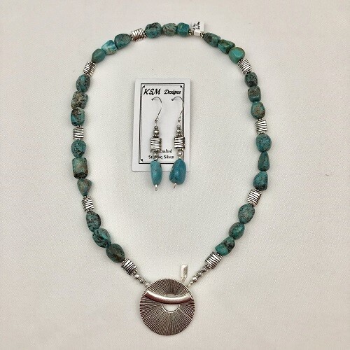 Natural Blue Turquoise & Pewter Necklace & Earring Set