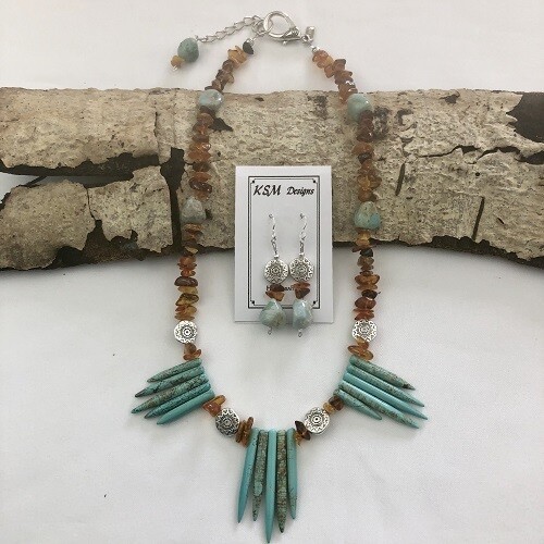Polish Amber, flux Turquoise & Pewter Necklace & Earring Set sold