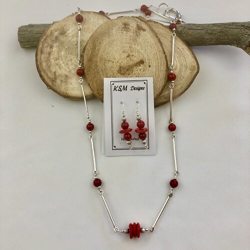 Coral & Pewter Necklace & Earring Set SOLD