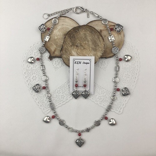Coral & Pewter Necklace & Earring set SOLD