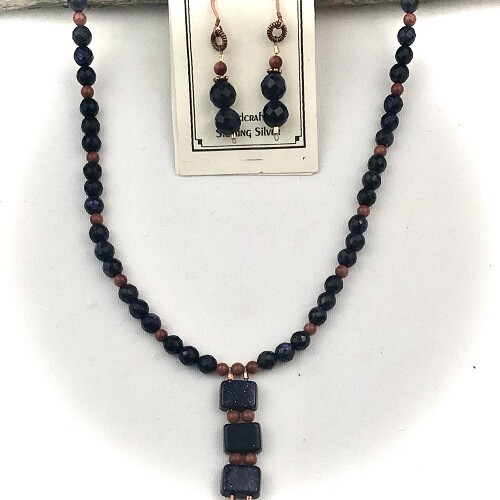 Blue & Brown Gold Stone Necklace & Earring Set
