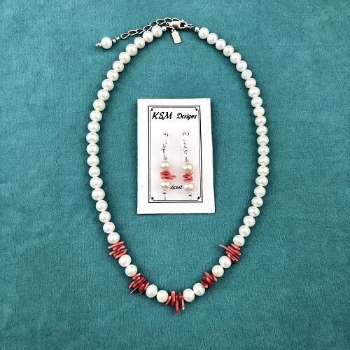Freshwater Pearls & Coral Necklace & Earring Set