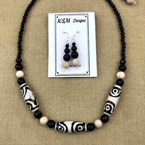 Dzi Agate, Onyx & Fossil Necklace & Earring Set