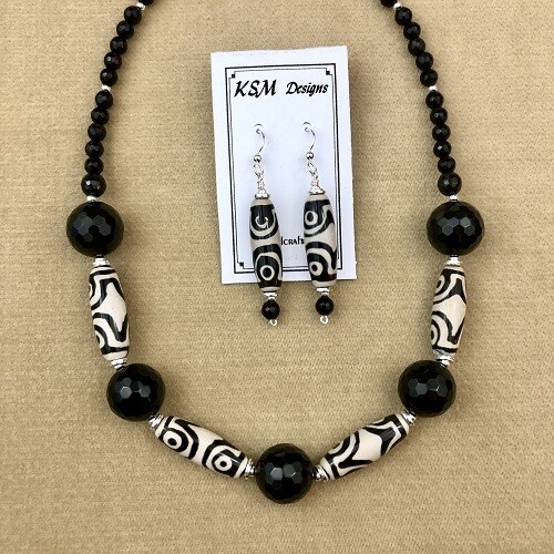 Onyx, DZI Agate Necklace & Earring Set SOLD